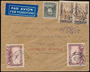 Belgien, PA 4 (2x) + 318 + 388 (2x) auf Brief von Brüssel 15.IX.1934 nach Buenos Aires, auf der Rückseite „TRANSPORTADA TOTALMENTE POR AVION”, einwandfrei