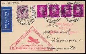 29.9.1932 N° 111c (Mi. Zeppelin Specialised), catapult postcard sent to Hannover and carried aboard the 