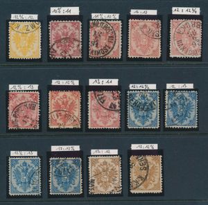 1879/1890 Samenstelling gemengde tandingen, enkele kleine gebreken, zm/ntz (Mi. €1.700)