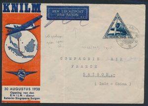 1938 KNILM vlucht van Mageland naar Saigon met op achterzijde stempels Phnompenh, Bangkok, verticale plooi door briefomslag, luchtpost vignet doorgestreept, gewone stempel, zm