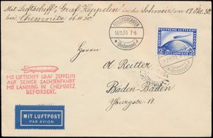 2.11.1930 + 16.11.1930 N° 154b (Mi. Zeppelin Specialised), LZ 127 Saxony Flight brief verstuurd naar Baden-Baden en gefrankeerd met een postzegel van 2 RM (Michel 423), de postzegel zelf gefrankeerd met Friedrichshafen c.d.s. gedateerd 2.11 en een andere stempel van hetzelfde naast elkaar, gedateerd 16.11 omdat de vlucht, die aanvankelijk was verbonden met een eerdere vlucht naar Zwitserland gepland voor 2.11, twee weken werd uitgesteld vanwege slecht weer, zeppelinvluchtstempel in karmijnrood ook aanwezig op de voorkant, samen met Chemnitz aankomststempel op de achterkant, cataloguswaarde voor de vlucht € 200, ongebruikelijk, zm