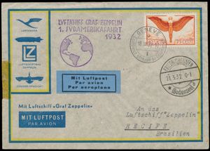 18.3.1932 N° 234a (Mi. Zeppelin Specialised), LZ 127 Zuid-Amerika-vlucht brief verzonden vanuit Genève naar Recife, Brazilië en gefrankeerd met een 75rp Zwitserse luchtpostzegel (SBK F11, cat. waarde CHF 150 op brief) op de voorkant en de complete Genève 1932 Ontwapeningsconferentie uitgifte op de achterkant (SBK F16-F18, cat. waarde voor F18 is CHF 120 op brief), allemaal afgestempeld door een speciaal conferentiepoststempel bij vertrek uit Genève, Friedrichshafen c.d.s. op de voorkant samen met zeppelinvluchtstempel in violet, aankomst c.d.s. op de achterkant, ongebruikelijk, zm