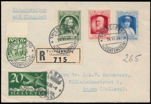 14.6.1930 luchtpostkaart verzonden als aangetekende post vanuit Triesenberg naar Assen, Nederland, met een gemengde frankering met Zwitserse postzegels, wat verplicht was op luchtpostkaarten uit Liechtenstein tot 12.8.1930 omdat Liechtenstein geen eigen luchtpostzegels had. De Zwitserse postzegel is in dit geval in Bazel aangebracht, Nederlandse aankomststempel op de achterkant, uitstekende kwaliteit, zm
