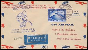 11.11.1930 N° 150Ic (Mi. Zeppelin Specialised), LZ 127 Nederland Vlucht brief verstuurd naar Boston, Massachusetts en gefrankeerd met een 2 RM Zuid-Amerika Zeppelin Vlucht postzegel (Michel 438, cat. waarde € 500 voor de postzegel op de brief) gefrankeerd met een Bordpost-stempel, met decoratieve zeppelinvluchtstempel op de voorkant en speciale aankomststempel van Venlo op de achterkant, het is niet duidelijk of de brief daarna daadwerkelijk naar de VS is gereisd en er is een mogelijkheid (afgaande op de getypte vermelding linksboven) dat de brief eigenlijk was voorbereid voor een eerdere vlucht en toen niet is gebruikt, zm