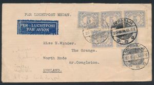 1931 Luchtpostbrief Medan, van Soerabaja naar North Rode (Verenigd Koninkrijk) met ongebruikelijke frankering van n° 107 (6x), zm/m 