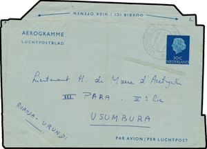 1960, Netherlands, aerogram sent from Joppe June 27, 1960 to a Belgian lieutenant (member of the Belgian Congo Metropolitan force in Africa) in Usumbura (Ruanda Urundi), folded but incoming mails to the troops are rare 