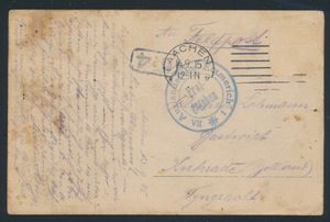 1915 Première Guerre mondiale, carte postale d'un militaire d'Aix-la-Chapelle à Kerkrade avec 