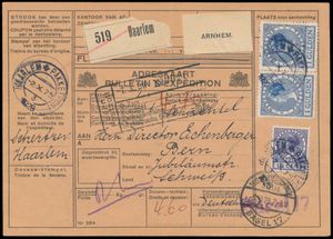 1929 Carte-colis de Haarlem via Arnhem, Emmerich, Bâle à Berne avec affranchissement Veth 