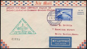 23.9.1930 N° 128IVc (Mi. Zeppelin Specialised), LZ 127 Ostseefahrt - Stockholm drop-off brief verstuurd naar Boston, Massachusetts en gefrankeerd met een 2 RM Zuid-Amerika Zeppelin-vluchtzegel (Michel 438, cat. waarde € 500 voor de postzegel op de brief) gefrankeerd met Bordpost-stempel, zeppelinvluchtstempel naast op de voorkant in groen, Stockholm aankomststempel op de achterkant, het is niet duidelijk of de brief daarna daadwerkelijk naar de VS is gereisd en er is een mogelijkheid (te oordelen naar de getypte aanduiding linksboven) dat de brief eigenlijk voor een eerdere vlucht was voorbereid en toen niet is gebruikt, zm