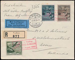 31.8.1930 N° 34a (Mi. Zeppelin Specialised), Vaduz - St. Gallen Eerste vlucht aangetekende brief verzonden vanuit Vaduz naar Assen, Nederland, gefrankeerd met de waarden 15rp, 20rp en 45rp van de luchtpostuitgifte uit 1930 (Michel 108-109, 112, cataloguswaarde voor de 45rp op de brief is € 130), allemaal voorzien van een speciale vluchtstempel in lila-roze, landingspoststempel van St. Gallen op de voorkant en Nederlandse aankomststempel op de achterkant, zm