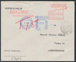 1966 Lettre confidentielle d'Emmeloord à La Haye avec cachet rouge sans date, surtaxe pour poids excessif, rare, tb