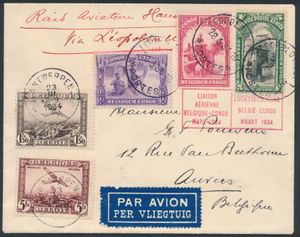 1934, Raid Hansez, frankiert mit Belgien PA2 und PA5 und Kongo Nr. 173/76 und PA4, in Kasten griff „Liaison aérienne Belgique- Congo Mars 1934/ Luchtverbinding België- Congo maart 1934” in Rot, Stempel Antwerpen 11. April 1934, einwandfrei.