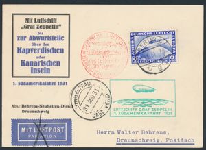 29.8.1931 N° 216Ib (Mi. Zeppelin Specialised), LZ 127 Zuid-Amerika-vlucht - Praia, KAAPVERDIË drop-off-ansichtkaart verzonden vanuit Berlijn naar Braunschweig en gefrankeerd met een postzegel van 2 RM (Michel 423) met stempel van Berlijn, zeppelinvluchtstempels in zowel rood als groen aan de zijkant, evenals Praia, Kaapverdië landingspoststempel, zm