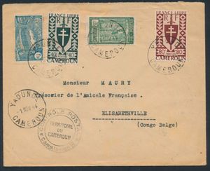 1944 Cameroon, N° 128, 136, 253 and 254 on letter from Yaoundé on 14 November 1944 to Belgian Congo, censorship mark 