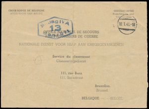 1942 Red Cross document, from Thuin, dated 21.11.1942, arrived on 12.1.43, National Service for Assistance to Prisoners of War, with blue cancellation 
