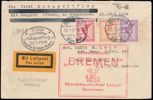 22.7.1929 N° 2a (Mi. Zeppelin Specialised), catapult post cover carried aboard the 