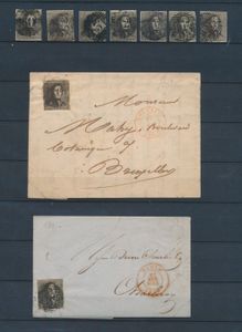 N° 1, 9 exemplaren, w.o. 2 variëteiten en 2 brieven, allemaal volrandig, mooie stempels, zm/m (OBP +€860)