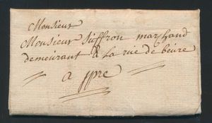 1779 Précurseur avec contenu, en provenance d'Avecappelle (près de Furnes), daté du 18 septembre 1779, à destination d'Ypres, contenu : excuses pour un rendez-vous manqué en raison du décès d'un enfant, tb