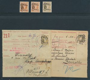 TR 168 (2 ex. met kleurverschil) en TR 169 (1 ex. scharnier met verdunning en 2 gelopen stukken postcollo - Bruxelles 5 met perforatie - Verviers 2), raar op document, zm/m/ntz