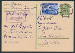 18.9.1931 N° 221a (Mi. Zeppelin Specialised), LZ 127 Zuid-Amerika-vlucht 5 pf briefkaart verzonden naar San Leopoldo, Brazilië en opgewaardeerd met een 2 RM postzegel (Michel 423), beide afgestempeld met Friedrichshafen c.d.s., zeppelinvluchtstempel in violet naast, zm