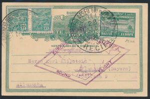 28.5.1930 N° 68Ba (Mi. Zeppelin Specialised), Zuid-Amerika Vliegpostkaart van Recife naar Erlangen, Duitsland, gefrankeerd met een Braziliaanse zeppelinpostzegel van 5.000 r (Michel Zp. 1) samen met een paar gewone postzegels van 100 r, allemaal voorzien van een zeppelinvluchtstempel in zwart, speciaal stempel 