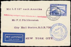 16.5.1929 N° 23b (Mi. Zeppelin Specialised), LZ 127 Amerikafahrt ansichtkaart naar New York met een 2 RM postzegel (Michel 423) voorzien van Bordpost stempel, zeppelin vluchtstempel in blauw ernaast, evenals een enkele regel handstempel in rood aangebracht toen het luchtschip een noodlanding moest maken in Cuers (waardoor de bezorging vertraging opliep), aankomststempel op de achterkant, zm