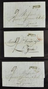 +/-1840 Verzameling Italiaanse voorlopers, ongeveer 200 stuks, alle naar Lyon rond de periode 1840, mooie stadsverzameling, in album, zm/m/ntz
