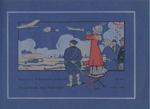 Semaine d'Aviation d'Anvers - Vliegweek van Antwerpen 23 Oct. - 2 Nov. 1909; L'Aéro-Club d'Anvers & Collective; L'Aéro-Club d'Anvers & Collective; 1909; gedrukt; ingebonden; Frans / Nederlands; +/- 30 pag.; harde kaft; als nieuw; prachtig gebonden (halfleder) album-stijl boek met een fotografisch verslag van de Antwerp Aviation Week van 23.10 - 2.11.1923, ook inbegrepen en professioneel gebonden is een propaganda-artikel in het Frans over het onderwerp, onberispelijke staat en een algemene zeer zeldzame getuigenis van de geboorte van de luchtvaart in Europa