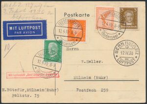 12.4.1930 N° 53Ia (Mi. Zeppelin Specialised), LZ 127 Swiss Flight - Bern drop-off geïllustreerde briefkaart verstuurd naar Mülheim an der Ruhr, Duitsland en gefrankeerd voor een totaal van 1M3pf met normale en luchtpostzegels, Friedrichshafen vertrek c.d.s. en Bern aankomst poststempel, evenals ingelijste zeppelin handstempel, zm