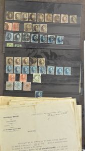 Restverzameling, enkele oudere documenten, enkele klassieke zegels vanaf n° 2 tot 19, matig tot slechte kwaliteit op enkele uitzonderingen, m/ntz