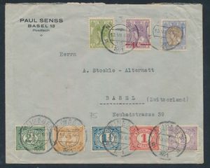 1921 Lettre richement affranchie de Nimègue à destination de la Suisse avec 8 timbres différents à chiffres et à bordure colorée, dont une surcharge 