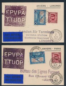 Belgien, Kleine Zusammenstellung mit Erinnofilie PR 30/34 „Vliegpostdienst Antwerpen”  5- Sonderkarten, einwandfrei.
