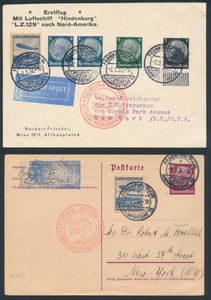 1/2.5.1936,  N° 12a (Mi. Zeppelin Specialised), LZ 129 Nordamerikafahrt twee briefkaarten verzonden van Frankfurt naar New York en beide gefrankeerd met luchtpost- en gewone postzegels, zeppelinvluchtstempels in rood en aankomststempels van New York op de achterkant, zm