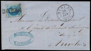 1861 Nr. 11 „20c. blau”, vollrandig mit oberem und rechtem Nachbarn, auf Brief ohne Inhalt, aus Gosselies (NAAM-Stempel), Abgangsstempel MIDI Nr. 6, datiert 26. Juni 1861, nach Auvelais, mit Ankunftsstempel Tamines, einwandfrei