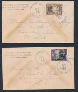 1938, 2 enveloppes, Mission Gatti au Congo belge, la première affranchie avec COB n°168 