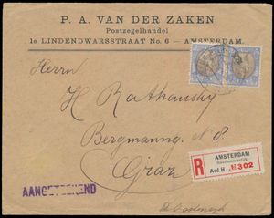 1922 Lettre recommandée d'Amsterdam à l'Autriche avec affranchissement n° 67 en paire (rare), tb