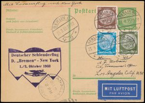 1.10.1933 N° 147 (Mi. Zeppelin Specialised), catapult post 5pf postcard sent from Berlin to Los Angeles and carried aboard the 