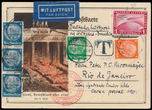 16.3.1934 geïllustreerde propagandapostkaart verzonden per gewone luchtpost (NIET per zeppelin) van Dortmund naar Rio de Janeiro, Brazilië en gefrankeerd met een 1 RM zeppelinpostzegel met opdruk voor de Chicago Exhibition van 1933 (Michel 496, cat. waarde € 550 op brief), evenals andere gewone postzegels voor een totale frankering van 1M25pf, blijkbaar belast bij aankomst, die plaatsvond op 22.3 volgens het poststempel op de achterkant, een zeldzame kaart, zm
