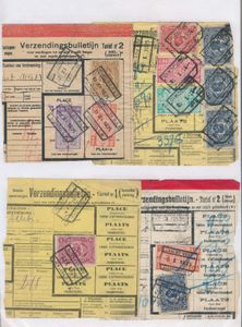 Samenstelling 35 fragmenten met 126 zegels (waarbij blokken van 4 of 6) uitgifte TR 128/34 w.o. veel verschillende stationsstempels, zm/m