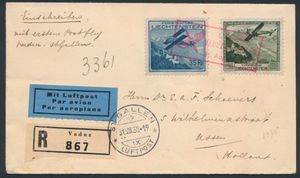 31.8.1930 Vaduz - St. Gallen Eerste vlucht aangetekende brief verzonden vanuit Vaduz naar Assen, Nederland en gefrankeerd met postzegels van 35rp en 45rp uit de luchtpostuitgifte van 1930 (Michel 111-112, cat. waarde voor de 45rp op de brief is €130), allemaal voorzien van een speciale vluchtstempel in lila-roze, poststempel van St. Gallen op de voorkant en Nederlandse aankomststempel op de achterkant, zm