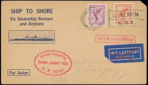 7.5.1930 N° 11c (Mi. Zeppelin Specialised), catapult postcard addressed to the US and carried aboard the 