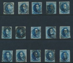 N° 7, planche III, 15 timbres pliés du panneau gauche, tb/b