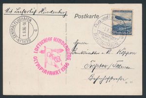 1.8.1936 N° 32Ia  (Mi. Zeppelin Specialised), LZ 129 Olympiafahrt-ansichtkaart verstuurd naar Treptow en gefrankeerd met een 50pf luchtpostzegel (Michel 606) met speciaal poststempel van Frankfurt, Berlijn aankomststempel van dezelfde dag, zm