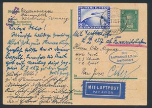 10.10.1928 LY 127 Amerikafahrt 8pf briefkaart verzonden naar New Zork en opgewaardeerd met een 2 RM postzegel (Michel 423) afgestempeld met Friedrichshafen c.d.s., ovale zeppelin vlucht cachet in blauw ernaast, horizontale vouw ver van de postzegels, verder zeer fraai, zm