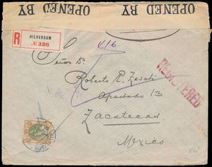 1917 Première Guerre mondiale, lettre commerciale recommandée de Hilversum à Zacapetas (Mexique), au verso avec vignette 