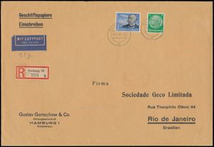 19.7.1939 grote luchtpostbrief, aangetekend verzonden van Hamburg naar Rio de Janeiro, Brazilië, gefrankeerd met een 3 RM luchtpostzegel (Michel 539, cataloguswaarde € 100 op de brief) plus een gewone 5 pf-zegel, zeer goede kwaliteit, zm