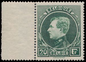 N° 290A '20 Fr grijsgroen' met bladboordje, lichte gomonderbreking (linksboven), zm/m.