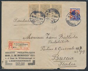 1932 Lettre recommandée de Bois-le-Duc à Brescia (Italie) avec un joli affranchissement : n° 83 en bande de 3 et n° 249, tb/b