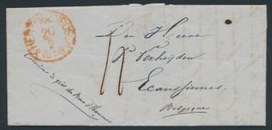 1858 Voorloper met inhoud, vanuit St. Hertogenbosch, dd. 20 februari 1858, naar Ecaussinnes, mooie grensstempel 