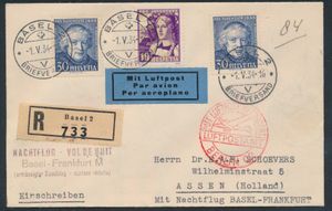 1.5.1934 N° 24.3/02 (Mi. Zeppelin Specialised), Basel-Frankfurt Nachtvlucht brief verzonden als aangetekende post naar Assen, Nederland, met Zwitserse frankering aangebracht in Basel bij vertrek, Duitse luchtpoststempel in rood aangebracht tijdens het transport in Berlijn, evenals normale poststempel op de achterkant naast aankomststempel, zm
